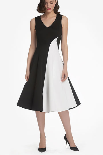 Elegant Black And White V-Neck A-Line Midi Dress